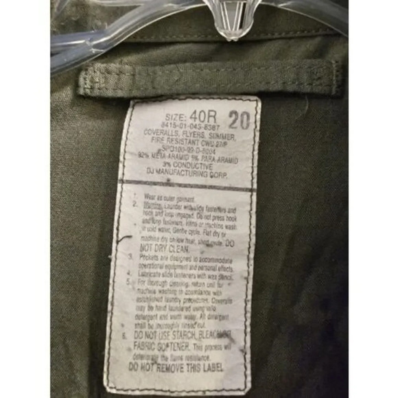 USAF Coveralls Flyers Fire Resistant Summer Men 40 Regular  Sage Green CWU-27/P - Picture 16 of 16